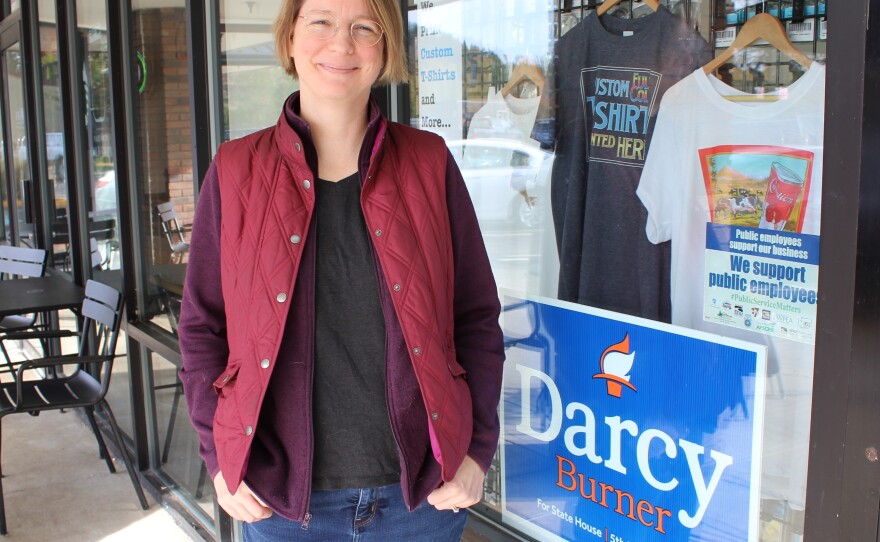 Democrat Darcy Burner, who is running for state representative in the 5th Legislative District, stands in front of her button-making shop in Carnation.