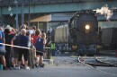 Big Boy 4014 makes it initial approach to Union Station as fans crowd the marked off area. Number 4014 will remain at Union Station until Wednesday morning but will return on Sept. 1.