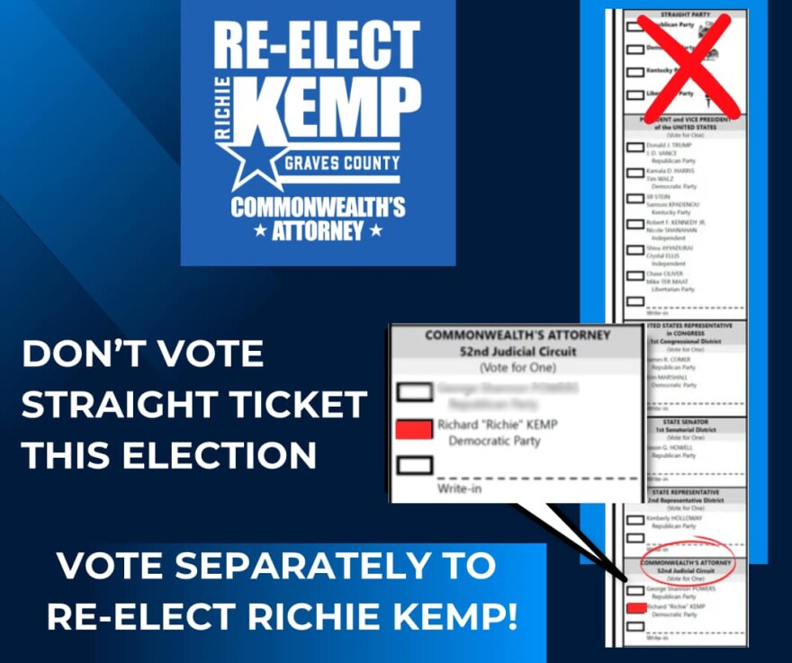 Richie Kemp encouraged the voters of Graves County to not use straight-ticket voting if they wanted to reelect him in the 2024 general election.