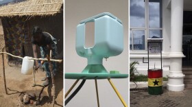 (Left to right) Tippy Tap, Oxfam hand-washing station and SolaWash