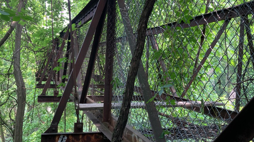 Sidaway Bridge is overgrown with foliage and no longer operational in Cleveland.