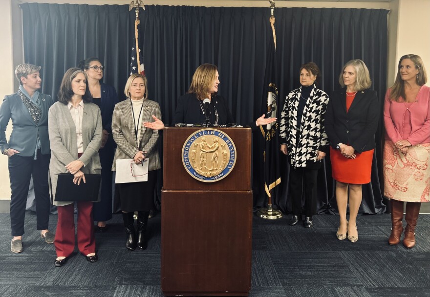  Republican Rep. Kim Moser gestures to a broad coalition of women in the legislature who are in support of her legislation to support pregnant women in Kentucky.