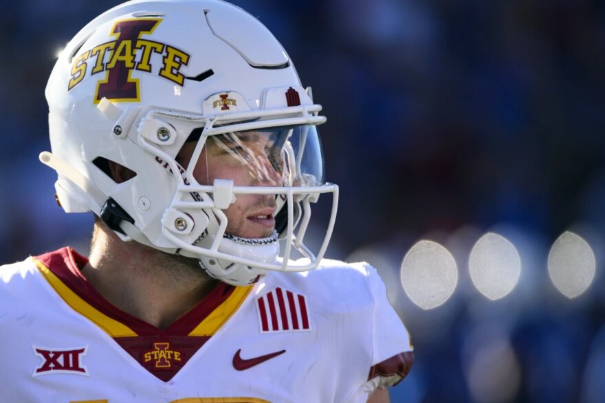 Iowa State quarterback Hunter Dekkers during a break in action against Kansas in the second half of a college football game on Oct. 1, 2022, in Lawrence, Kan. 