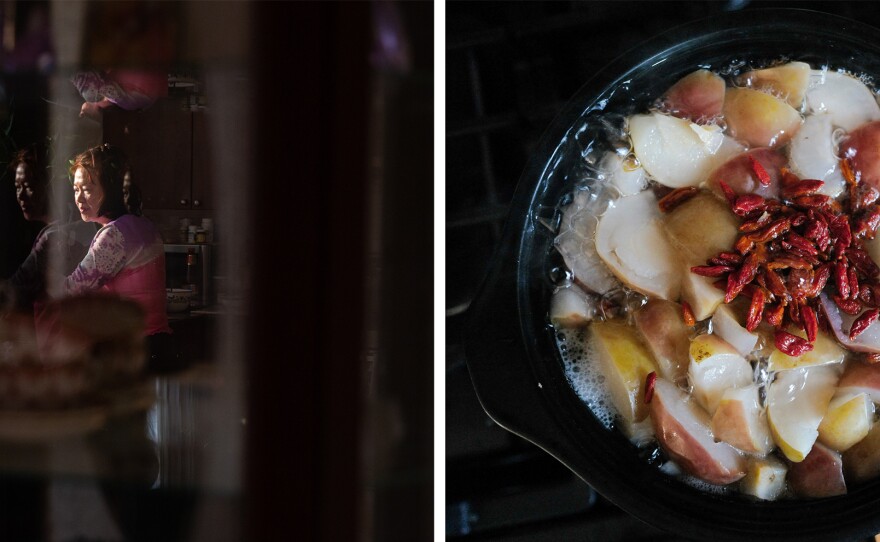 Left: Lai works in the kitchen Right: Lai gets a sore throat easily as a result of throat surgery decades ago. Here, she makes pear stew with rock sugar, which helps to heal her throat at times.