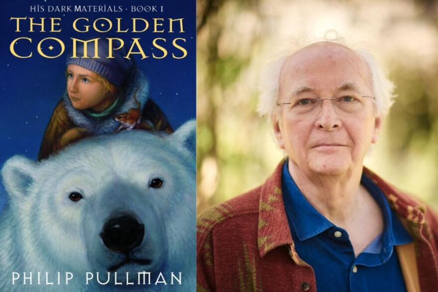 The cover of "The Golden Compass" and author Philip Pullman. (Courtesy of Penguin Random House and Sam Allard)
