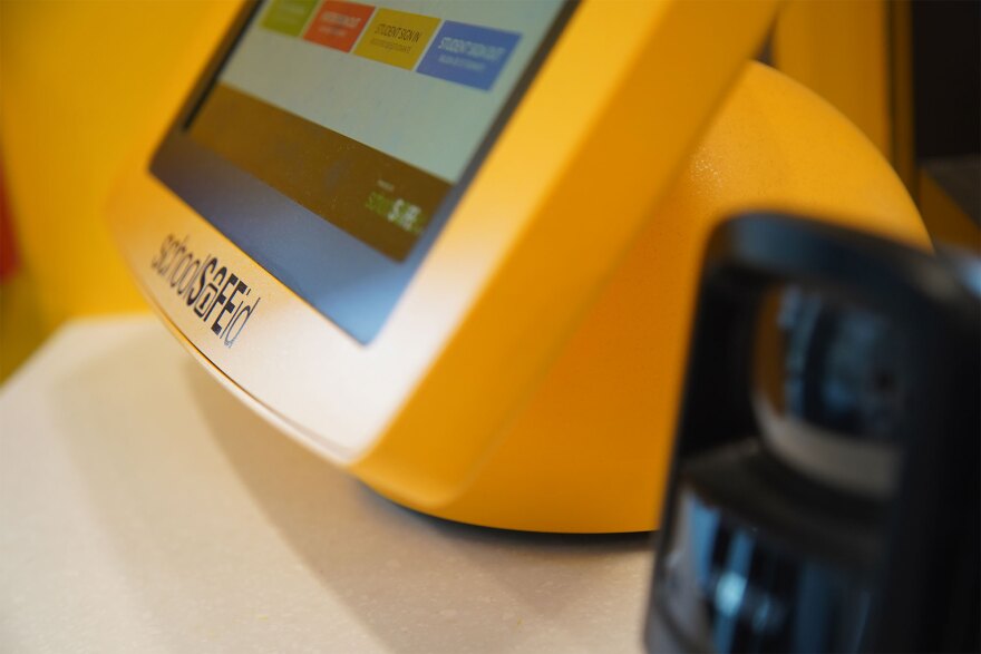 A check-in system in the vestibule of a school in Northeast Ohio is among the building's security features.