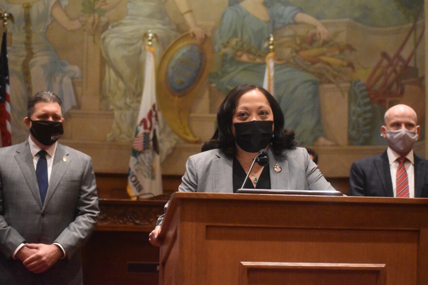 Peoria Mayor Rita Ali (center) gives an update on Peoria's passenger rail initiative.