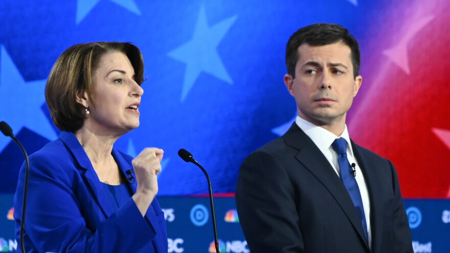 Minnesota Sen. Amy Klobuchar and South Bend, Ind., Mayor Pete Buttigieg participate in the November Democratic primary debate in Atlanta.