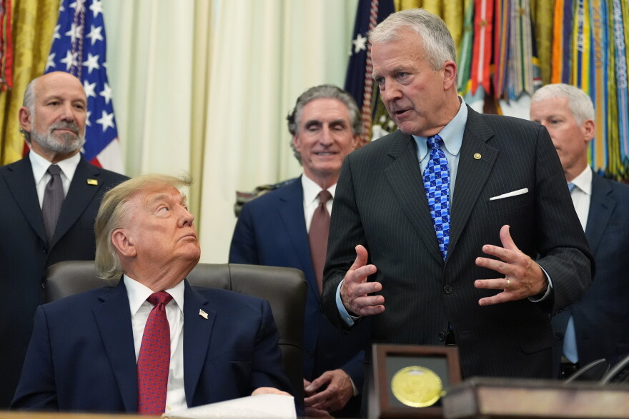 Sen. Dan Sullivan, R-Alaska, speaks in the Oval Office of the White House, Wednesday, Sept. 30, 2026, in Washington, as President Donald Trump, Commerce Secretary Howard Lutnick, Interior Secretary Doug Burgum and Energy Secretary Chris Wright listen.