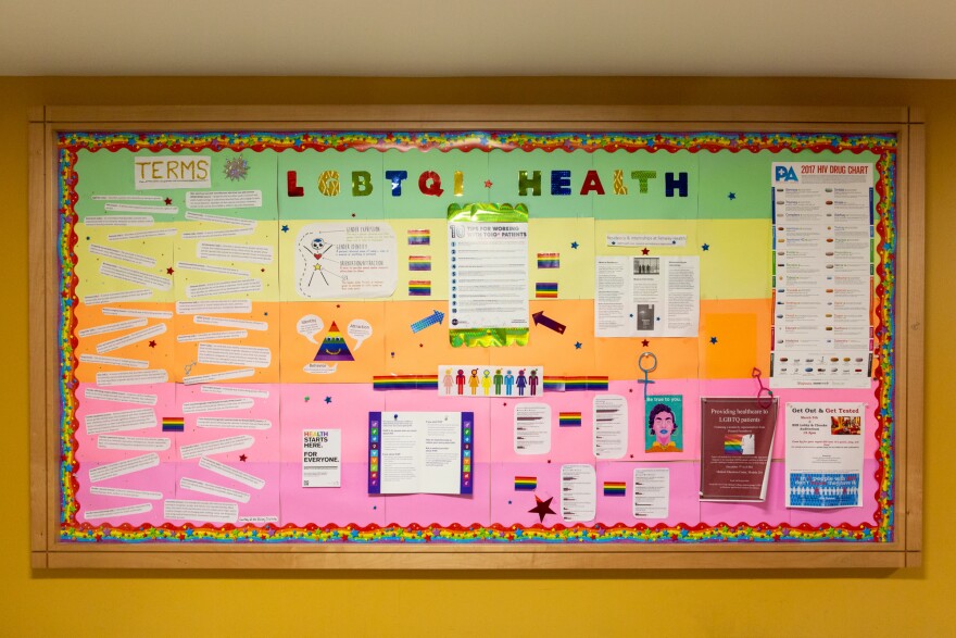Spiegel and her friends created an LGBTQI health board of information which hangs in a hallway on campus at New York Medical College.