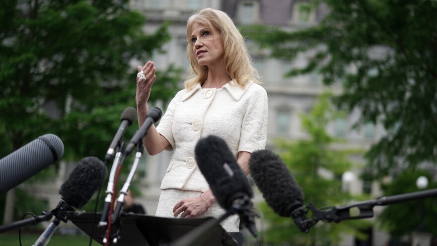 Kellyanne Conway, counselor to President Trump, talks to reporters outside the White House on May 1. The Office of Special Counsel says Conway should "be removed from federal service" for repeated violations of the Hatch Act.