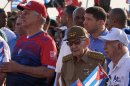 Raúl Castro (center, in green fatigues) at an international workers day celebration in Havana on May 1, 2026, with Cuban President Miguel Díaz-Canel (to Castro's right).