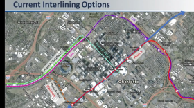 The current proposed path for the Silver Line is in dark purple and light purple. CATS said it may instead have the train make a sharp turn so it can share rail tracks with the Lynx Blue Line. That route is down in red.