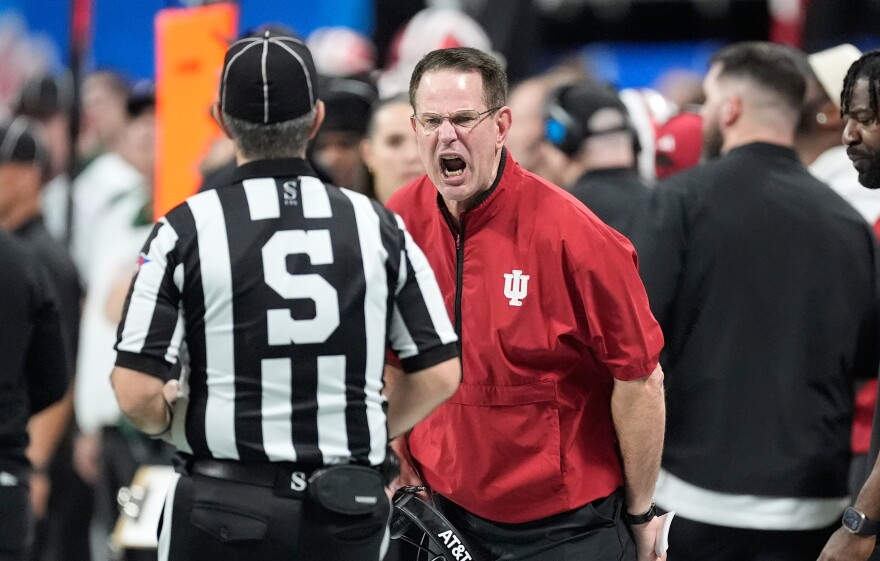 Indiana head coach Curt Cignetti challenges an official during the second half of the Peach Bowl NCAA college football playoff semifinal against Oregon, Friday, Jan. 9, 2026, in Atlanta.
