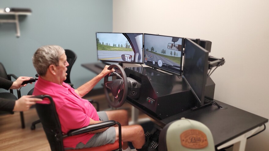 Stroke recovery patient Donald “Ozzie” Verstraete using a simulator as part of Texas Health Plano's driving rehabilitation program.