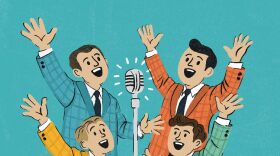 The graphic of "Forever Plaid" features animations of four men in different colored plaid blazers. 