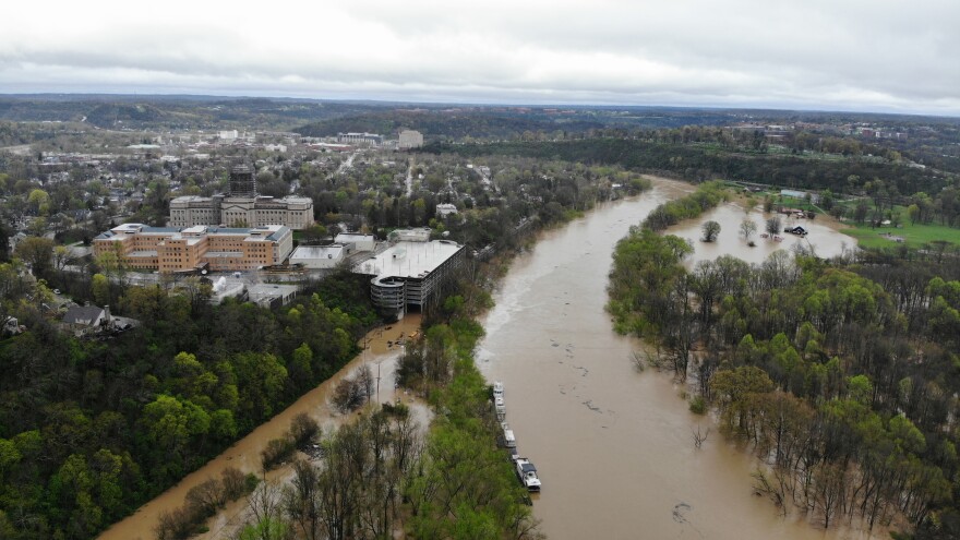 The Kentucky River crested at the Frankfort Lock at 48.27', only inches below 1978's record 48.5' flood. Here, floodwater can be seen expanding far past the banks of the Kentucky River, covering the road behind the State Capitol's parking garage and pooling in a nearby field.