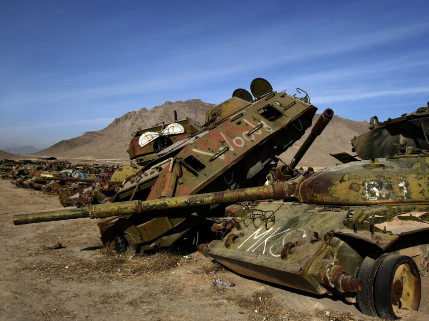 A junkyard of Soviet armored vehicles and tanks at the Kabul Military Training Camp near the Afghan capital on Jan. 13. The USSR began its invasion in 1979 and installed more than 10,000 troops to support its puppet prime minister, who failed to extend power much beyond Kabul. The Soviets withdrew a decade later.