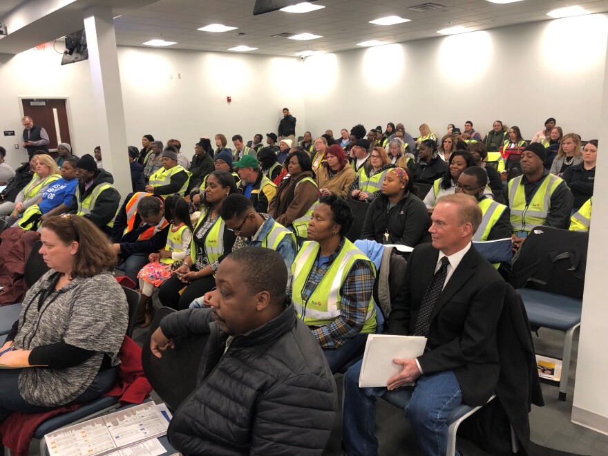 First Student drivers attended Wednesday's meeting, during which the school board approved a contract with a new bus company, Student Transportation of America.