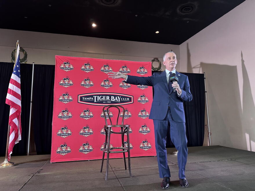 Democratic gubernatorial candidate David Jolly speaking at the Tampa Tiger Bay Club in Ybor City’s Cuban Club on Sept. 25, 2026.