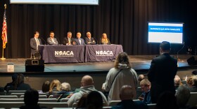 An attendee addressing panelists at the Northeast Ohio Areawide Coordinating Agency's meeting regarding transportation impacts of the new Browns Stadium planned for Brook Park on Wednesday, January 14th, 2025.