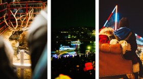 Photo montage of reindeer and lighted boats.