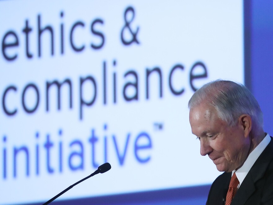 U.S. Attorney General Jeff Sessions speaks about the anti-bribery law at the 2017 Ethics and Compliance Initiative conference in Washington, D.C., in April.