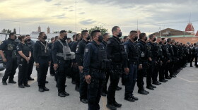 Chihuahua state police officers stand in formation in Ciudad Juarez at a presentation of a new security initiative by Governor Maria Eugenia "Maru" Campos Galvan.