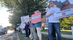 Outnumbered by about a hundred tradesmen rallying for the ServiStar data center project in Westfield, Mass., over a dozen residents against the multi-billion-dollar facility on Tuesday, Sept. 15, 2026. The center is still in the works and requires an extension to previously passed special permitting.