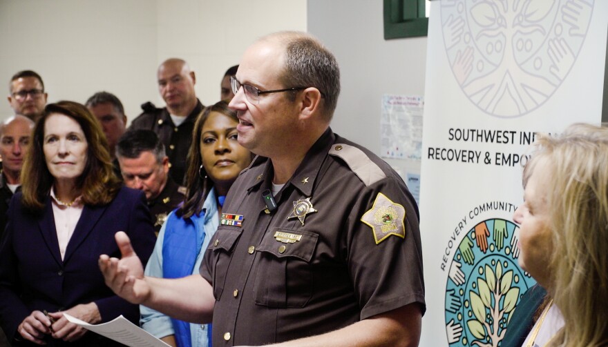 Vanderburgh County Sheriff Noah Robinson introduces the South West Indiana Recovery and Empowerment program at the jail, Friday, Oct. 14. Robinson said restricted opioid settlement funds were released by the County Commission to fund SWIRE for five years.