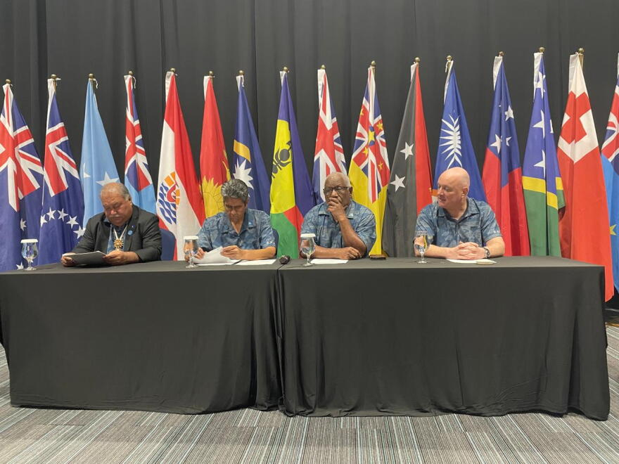 At the Pacific Islands Forum in Koror, Palau, from left, Forum Secretary General Baron Waqa, Palau President Surangel Whipps Jr., Solomon Islands Foreign Minister Rick Houenipwela and New Zealand Prime Minister Christopher Luxon on Sept. 3, 2026.