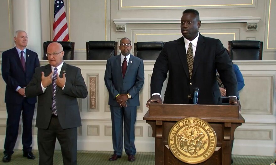 Fred Weatherspoon, deputy director at the Arkansas Law Enforcement Training Academy, speaks at Tuesday's announcement after being appointed chair of Gov. Asa Hutchinson's Law Enforcement Task Force.