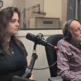 Reno residents Allison Hartmann (left) and Gordon Gossage discuss their different opinions on data centers for Purple Politics Nevada live in the KUNR studio in Reno, Nevada, on Sept. 18, 2026.