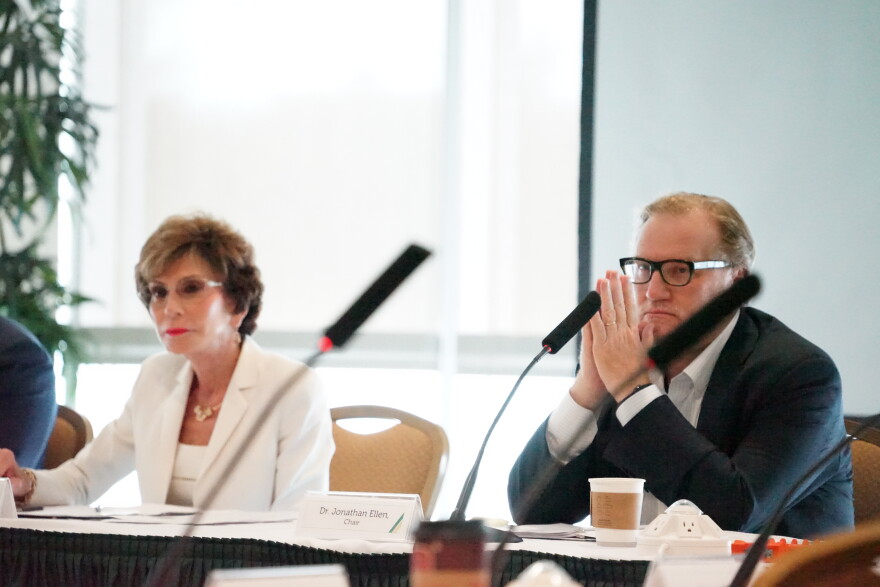 Dr. Jonathan Ellen, seen with USF System President Judy Genshaft at a Sept. 2018 USF consolidation task force meeting, is stepping down from the chairman role. Earlier in the week, he resigned as CEO of Johns Hopkins All Children's Hospital.