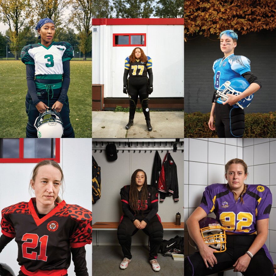 <strong>Clockwise:</strong> Megan "Megatron" Peelen, 20, a left guard for The Hague's Black Scorpions; Laila Zwier, 21, a receiver for the Zwolle Blue Jays; Arantza Koning, 29, a linebacker for the Eindhoven Valkyries; Safijja Incesulu, 26, a defensive end for the Utrecht Wolverines; Karen Kooiman, 31, a linebacker for the Amsterdam Cats; and Zaza Warner, 38, a cornerback for the Rotterdam Ravens.