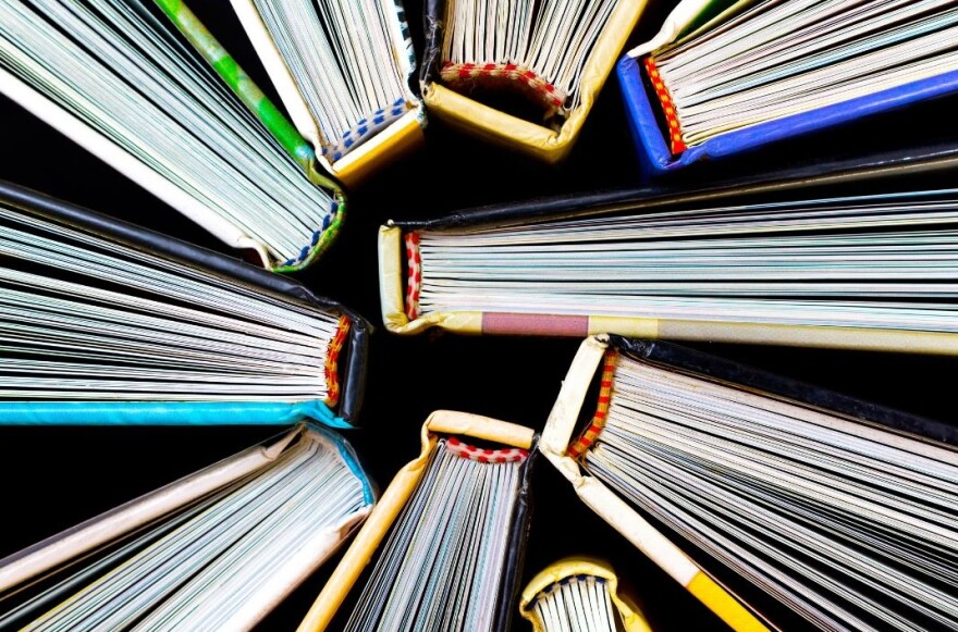 Top view looking down at several book spines & pages 