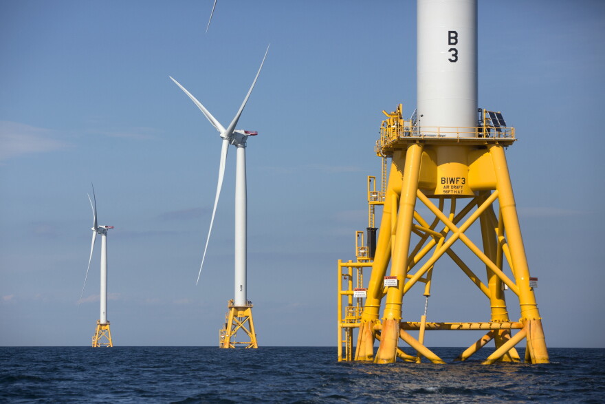 In this Aug. 15, 2016  photo, three of Deepwater Wind's turbines stand in the water off Block Island, R.I. (Michael Dwyer/AP)
