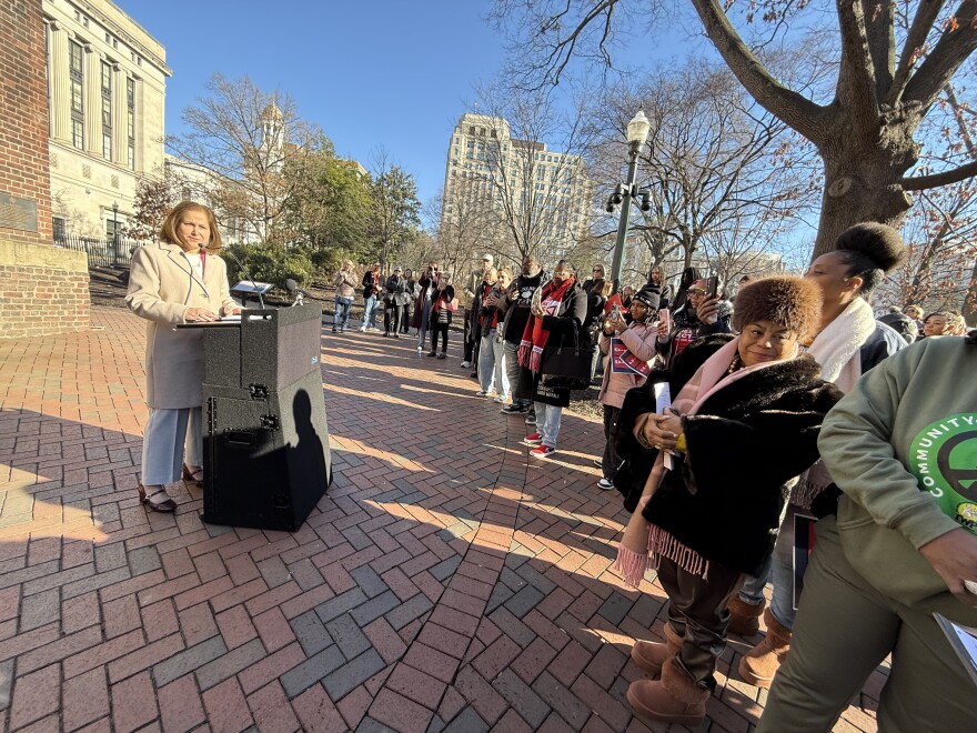 Lieutenant Governor Ghazala Hashmi addresses advocates with the group "Moms Demand Action."