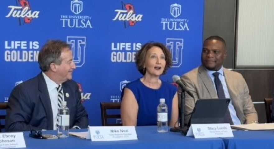 University of Tulsa President Stacy Leeds speaks at a conference.