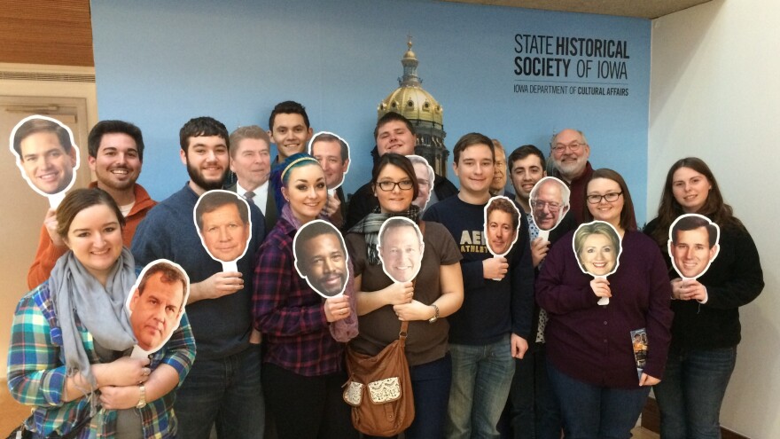 Students from Manchester University visit the caucus exhibit at Iowa's state museum in Des Moines