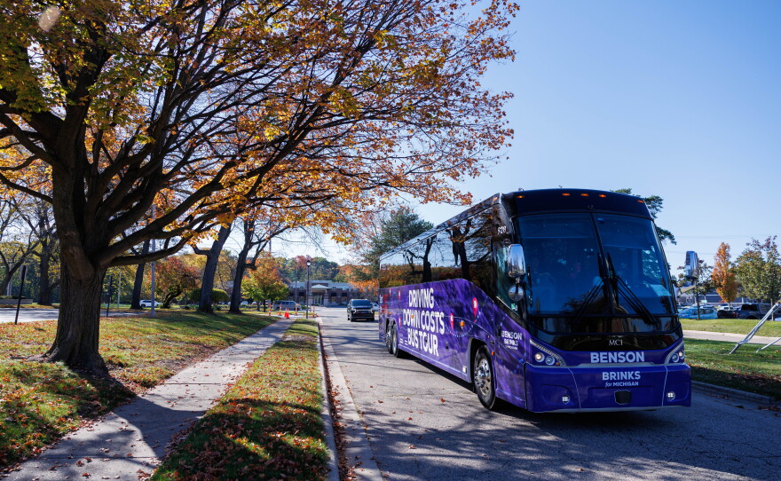 Democratic nominee for governor Jocelyn Benson launched her statewide "Driving Down Costs" bus tour in East Lansing, Mich., on Oct. 22, 2026.