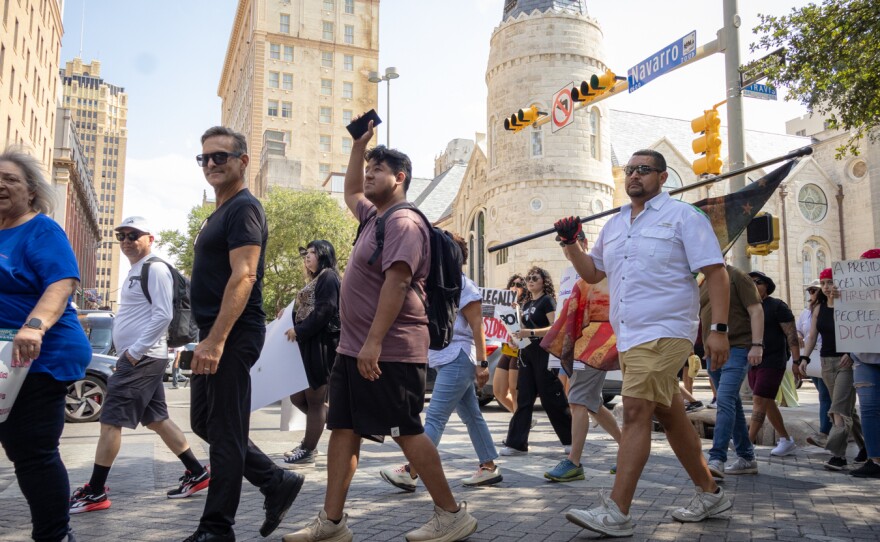 Protesters in downtown San Antonio on Saturday, June 14, 2025.