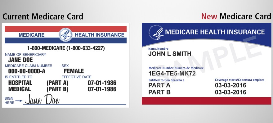 The new Medicare cards (right) will not use Social Security numbers for identification. Instead, they will have random sequences of letters and numbers.