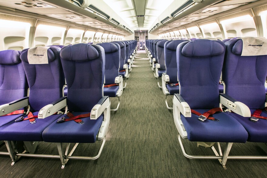 The 727 jet simulator sits in a sound stage near the Burbank Hollywood airport in Southern California.