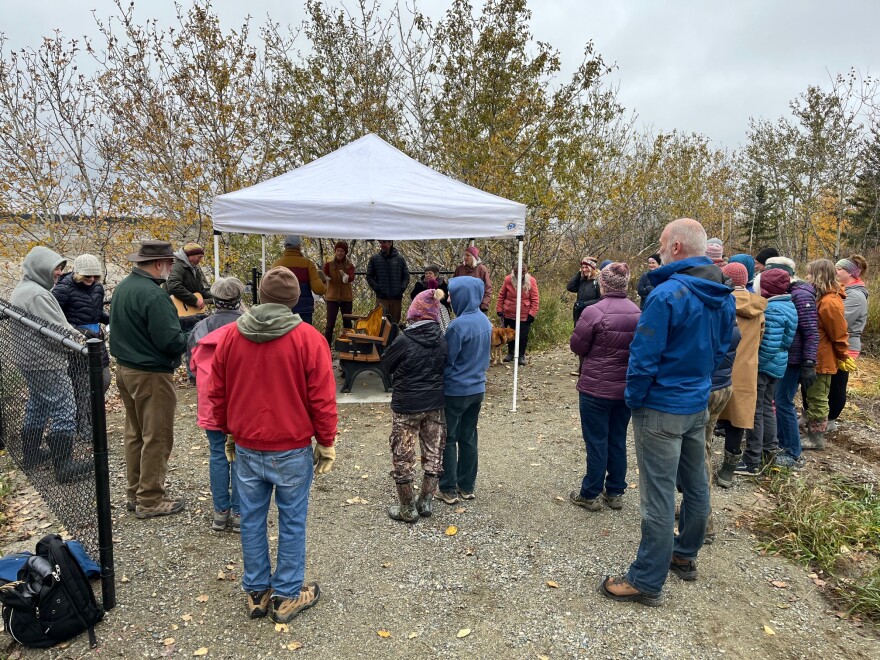 More than 30 people braved a cool, cloudy day Sept. 27 to commemorate Steve McCombs and his devotion to community in a ceremony at Delta River Walk Park.