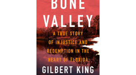 A book cover of "Bone Valley" with a red background with red overlay over a lake