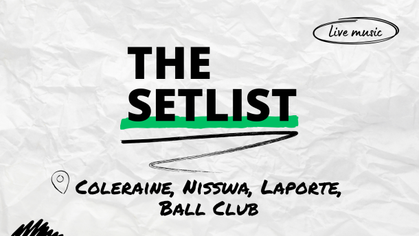 "The Setlist" and "Coleraine, Nisswa, Laporte, Ball Club" written over a crumpled paper background.