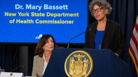 State Health Commissioner Dr. Mary Bassett, right, gives a COVID-19 and monkeypox update on Aug. 22, 2022, as Gov. Kathy Hochul looks on