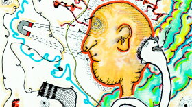 Album cover of Nervous Verbs - Moments of Riot depicting a strange head surrounded by random objects.