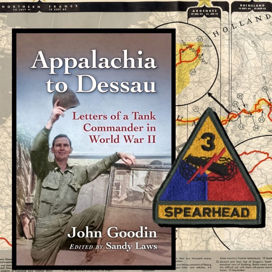 This photo shows the cover of the book "Appalachia to Dessau:  Letters of a Tank Commander in World War II" with John Goodin posing on the side of a military vehicle.